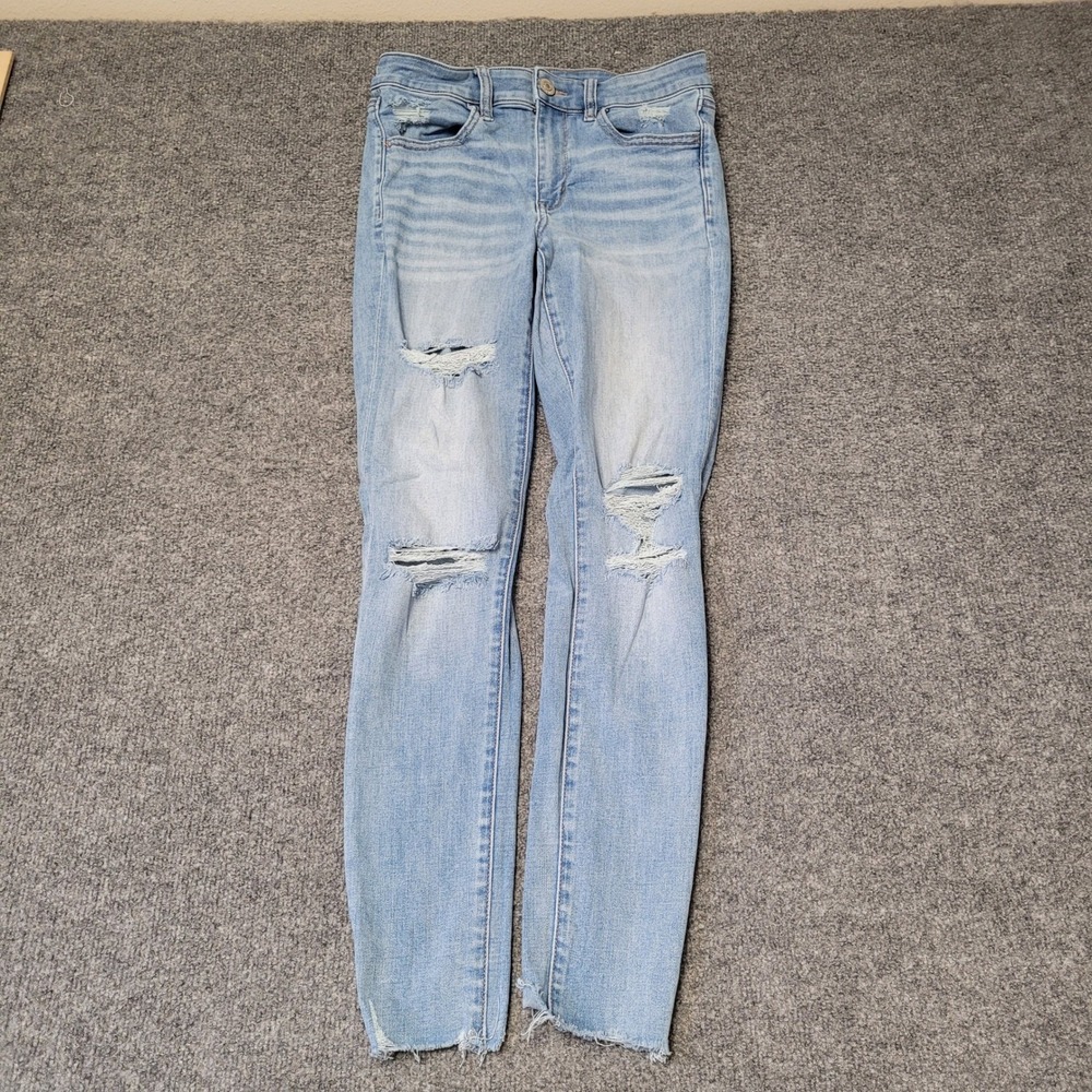 American Eagle Jeans Womens Size 2 Light Blue Distressed Skinny Stretch Denim